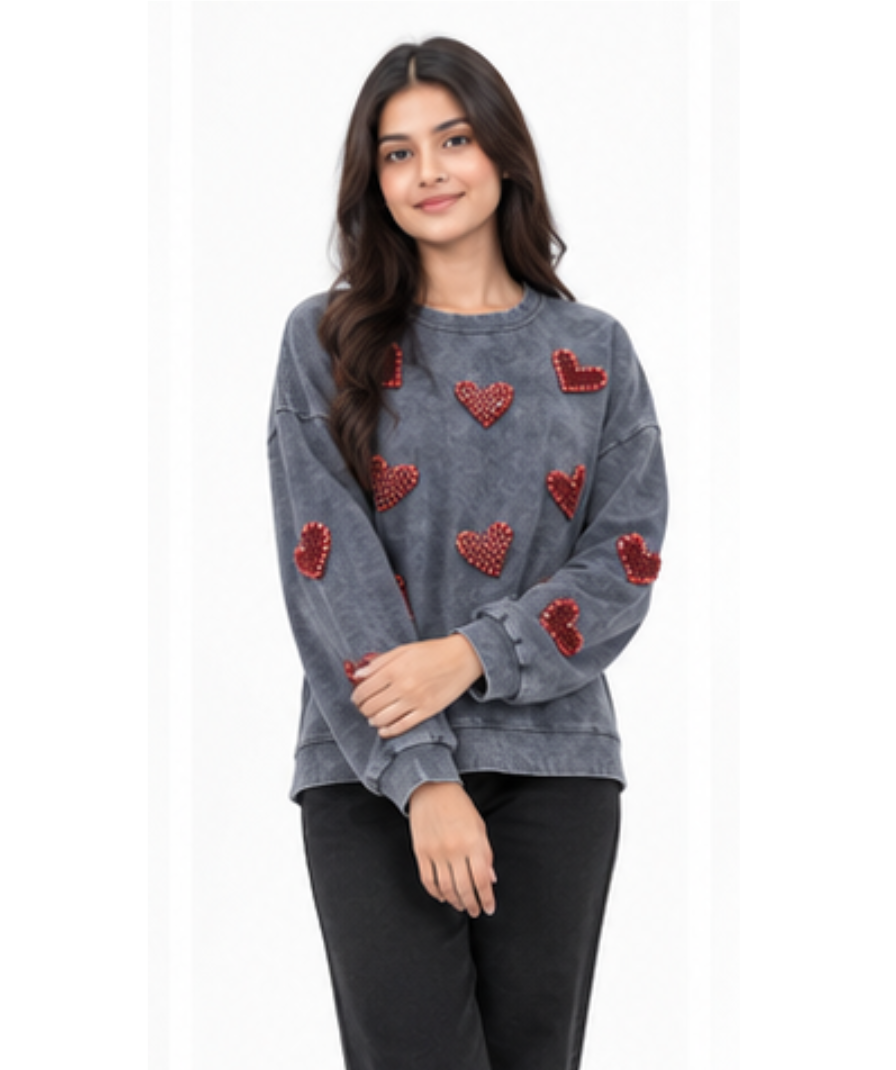 Women’s Grey Heart Embellished Crew-Neck Sweatshirt - Image 3