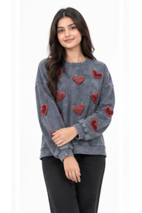 Women’s Grey Heart Embellished Crew-Neck Sweatshirt
