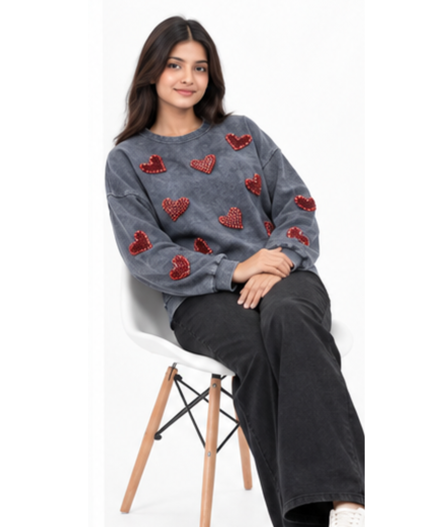 Women’s Grey Heart Embellished Crew-Neck Sweatshirt - Image 4