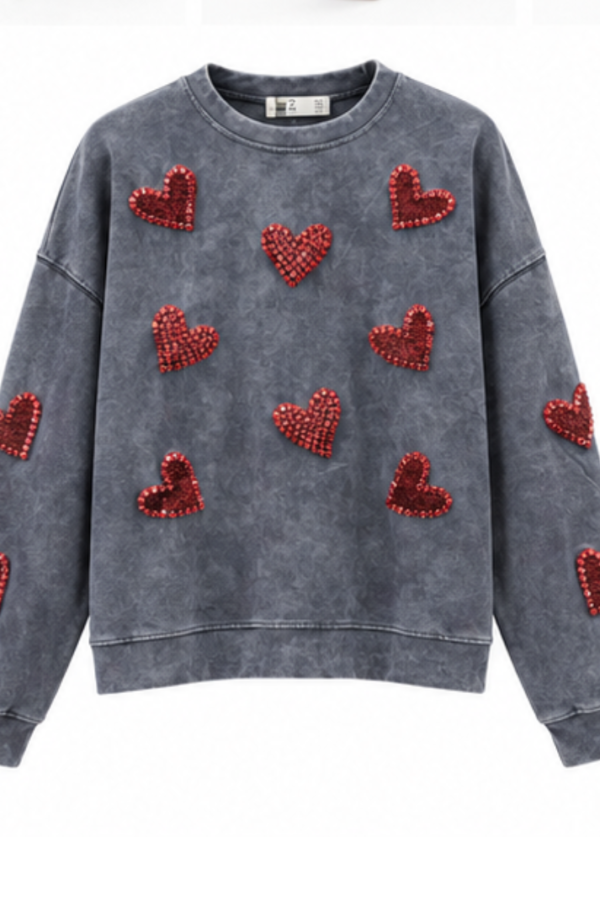Women’s Grey Heart Embellished Crew-Neck Sweatshirt