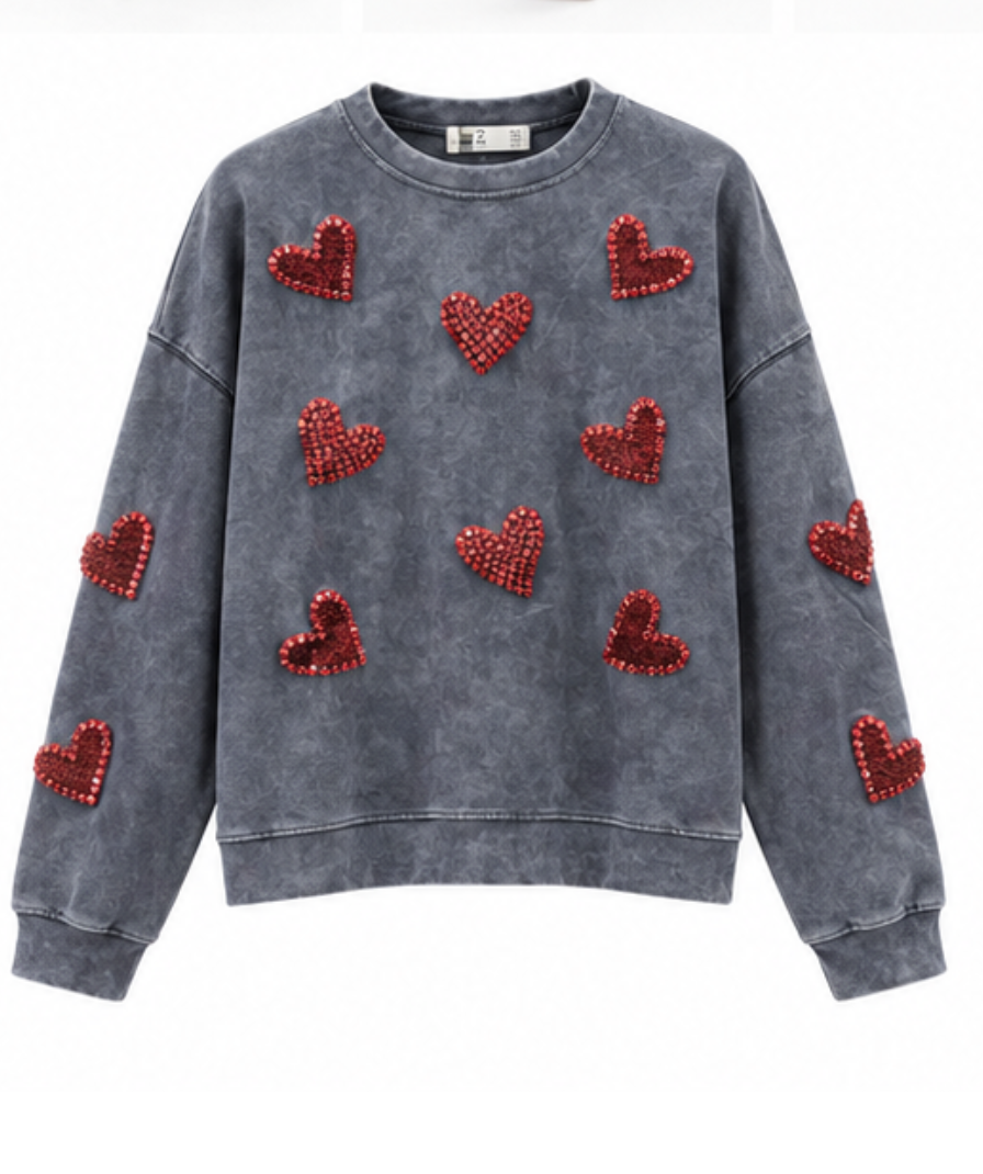 Women’s Grey Heart Embellished Crew-Neck Sweatshirt - Image 2