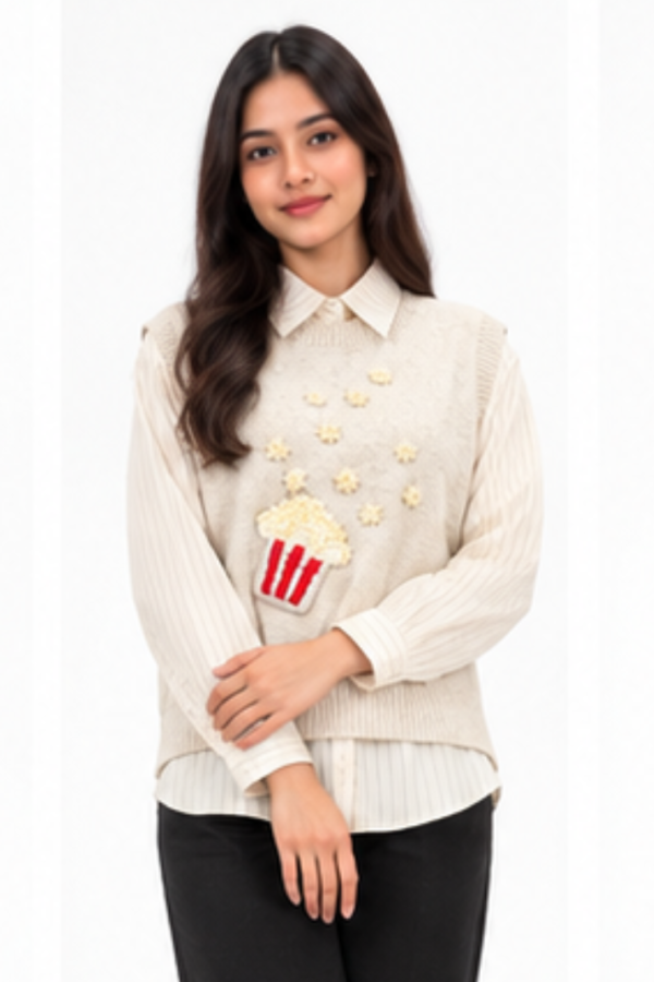 Women’s Cream Popcorn Embellished Sweater Vest with Pleated Shirt