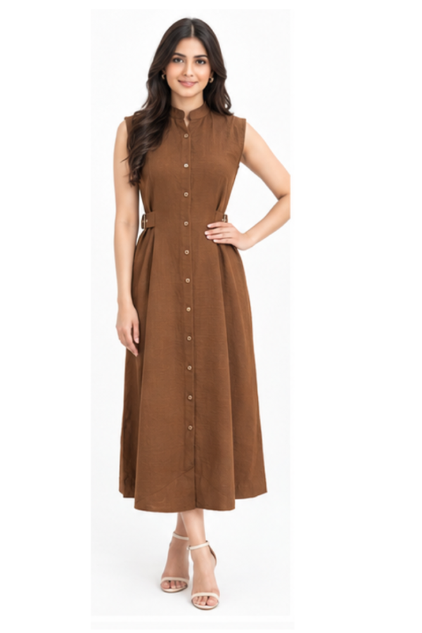 Women’s Brown Solid Sleeveless Shirt Dress