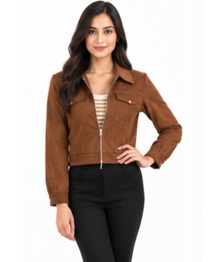 Women’s Brown Cropped Utility Jacket - Image 3