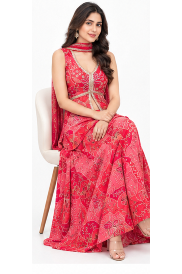Women’s Red Printed Sleeveless Kurta & Wide-Leg Palazzo Set with Dupatta