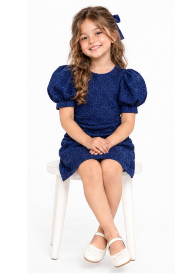 Girls’ Navy Blue Textured Puff-Sleeve Dress with Gathered Waist