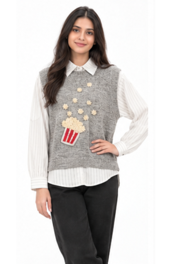 Women’s Grey Popcorn Embellished Sweater Vest with Striped Shirt