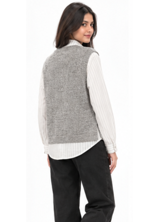 Women’s Grey Popcorn Embellished Sweater Vest with Striped Shirt