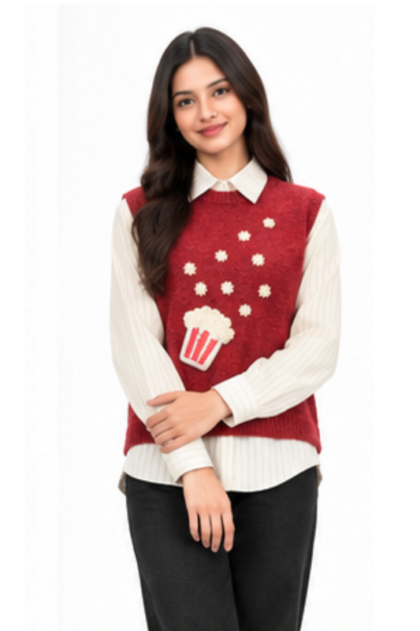Women’s Red Popcorn Embellished Sweater Vest with Striped Shirt
