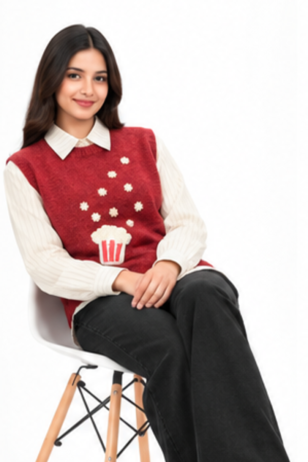 Women’s Red Popcorn Embellished Sweater Vest with Striped Shirt