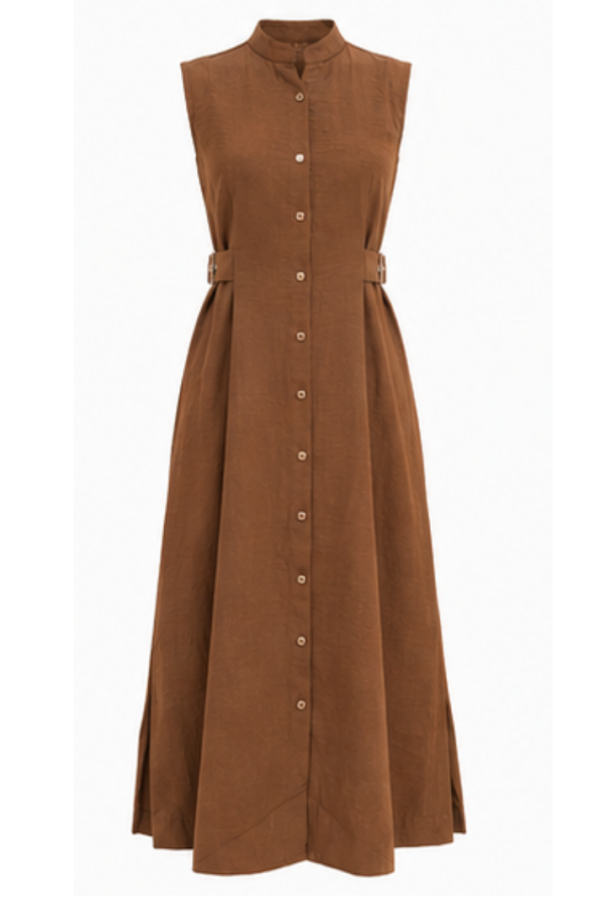 Women’s Brown Solid Sleeveless Shirt Dress