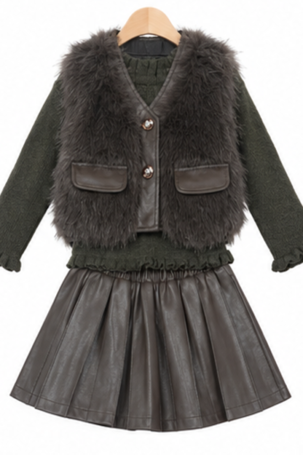 Girls Black 3-Piece Winter Outfit Set with Faux-Fur Vest