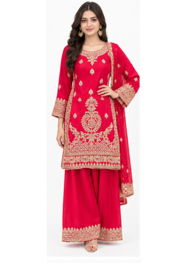 Women’s Red Embroidered Straight Kurta with Wide-Leg Pants & Dupatta Set