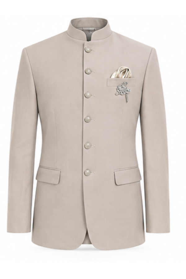 Men’s Beige Bandhgala Suit Set with Mandarin Collar,