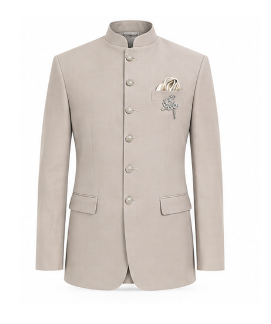 Men’s Beige Bandhgala Suit Set with Mandarin Collar, - Image 2