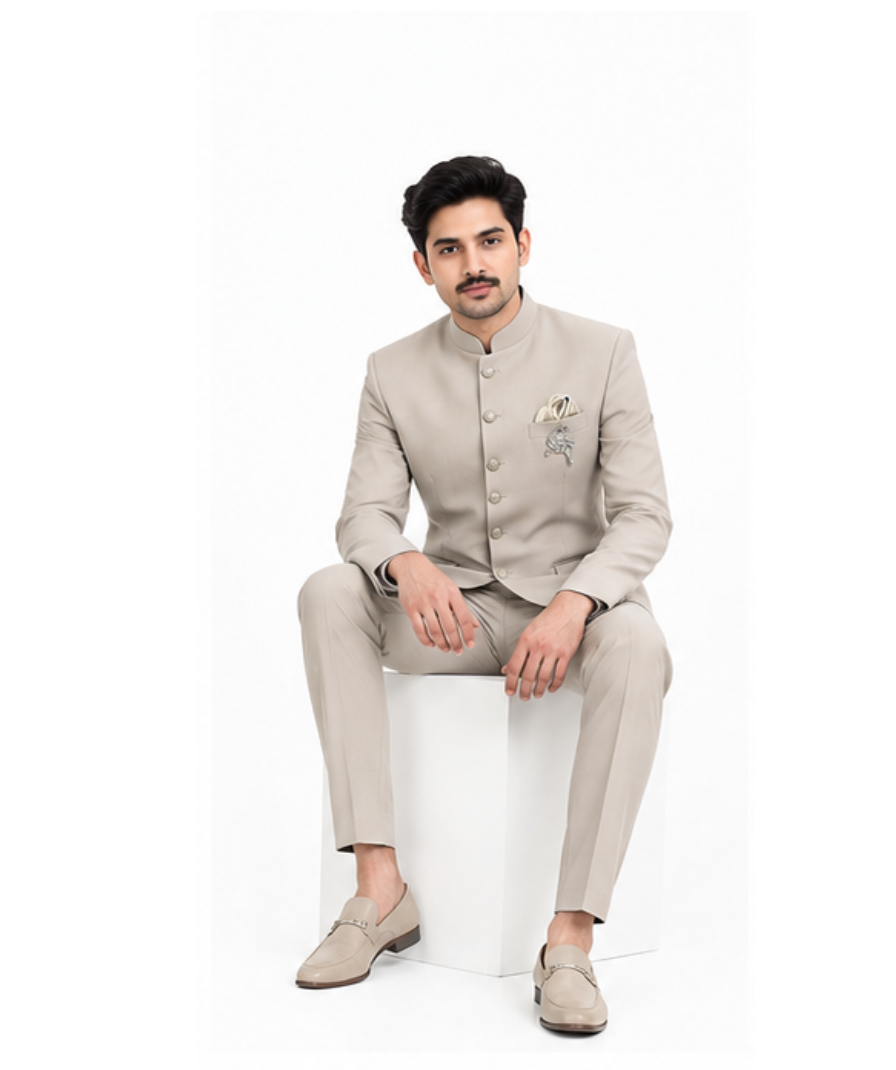 Men’s Beige Bandhgala Suit Set with Mandarin Collar, - Image 3