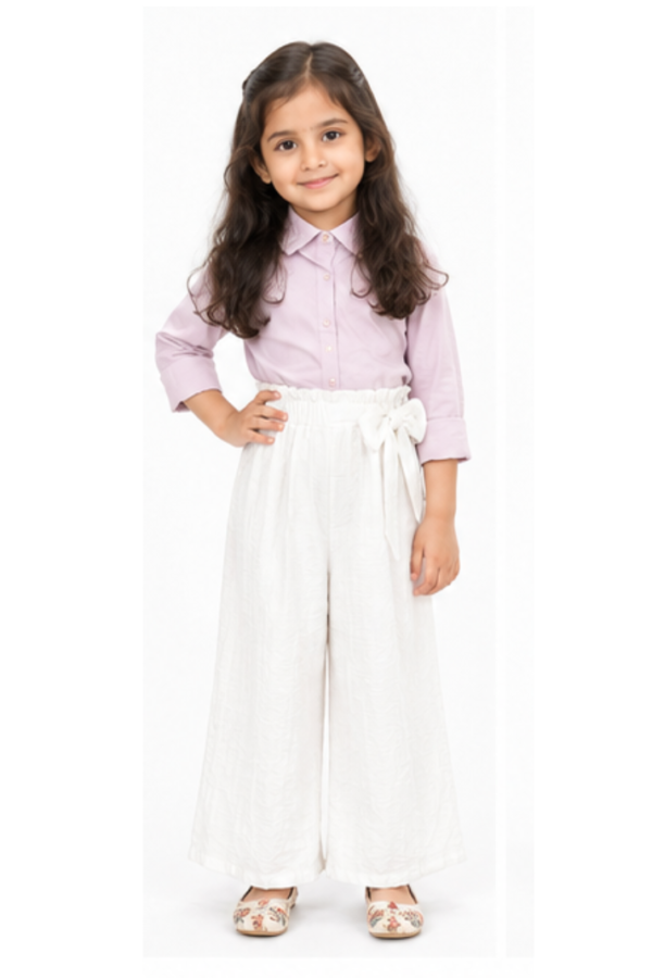 Girls’ White Wide-Leg Pants with Bow Waist Detail