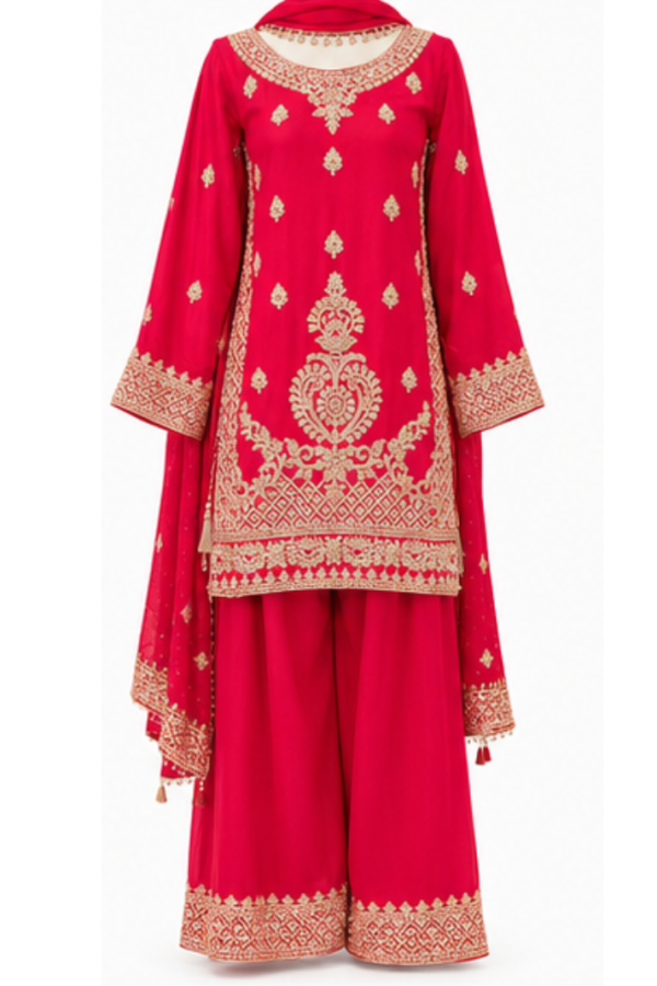 Women’s Red Embroidered Straight Kurta with Wide-Leg Pants & Dupatta Set