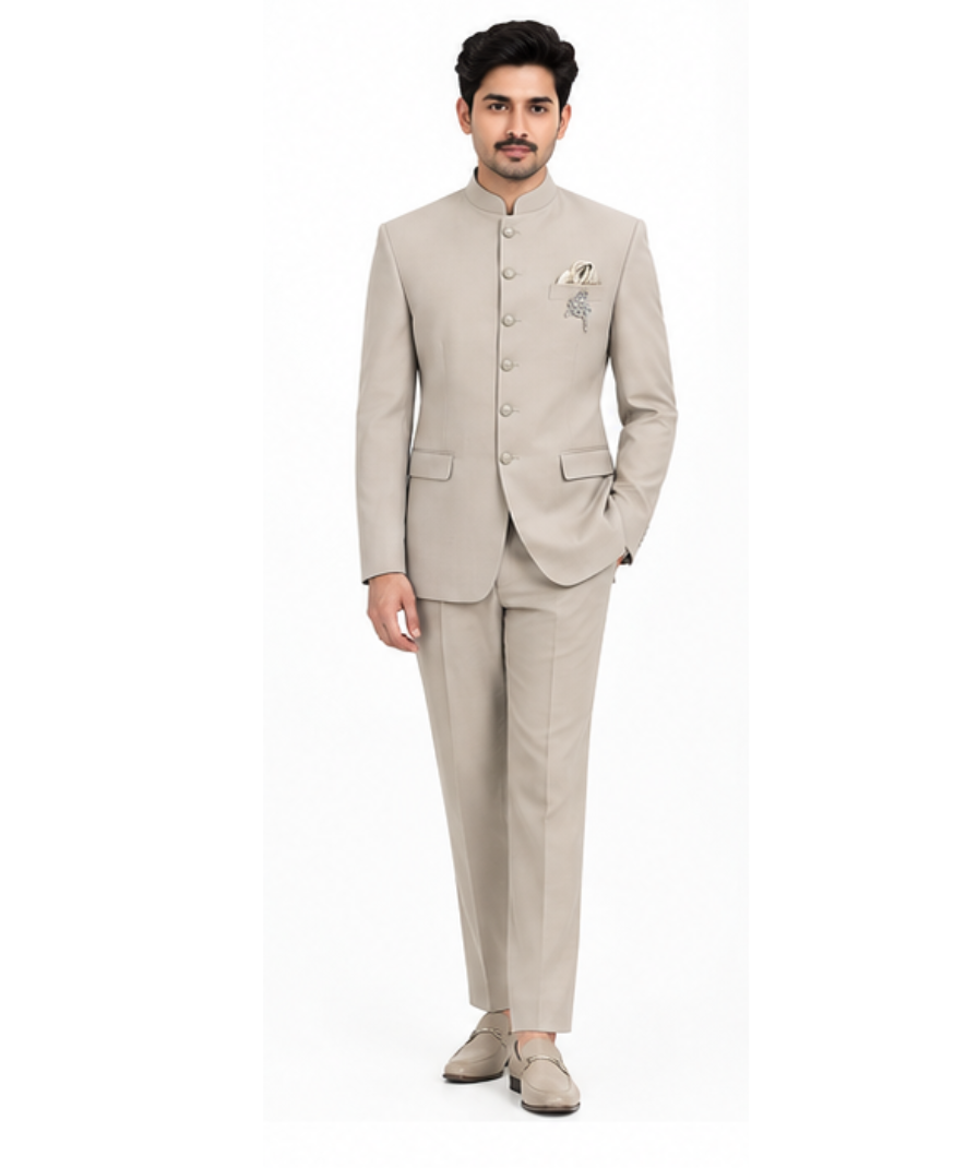 Men’s Beige Bandhgala Suit Set with Mandarin Collar, - Image 4