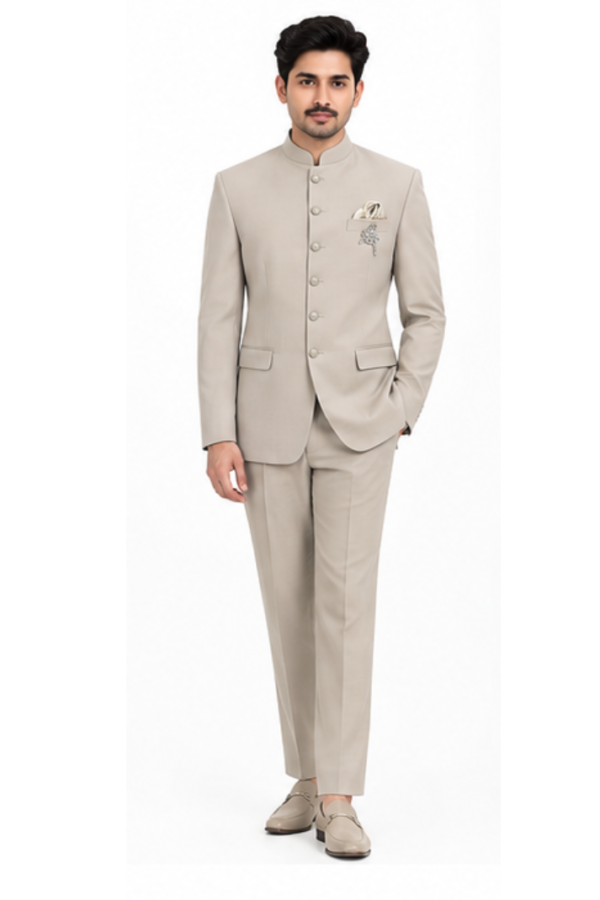 Men’s Beige Bandhgala Suit Set with Mandarin Collar,