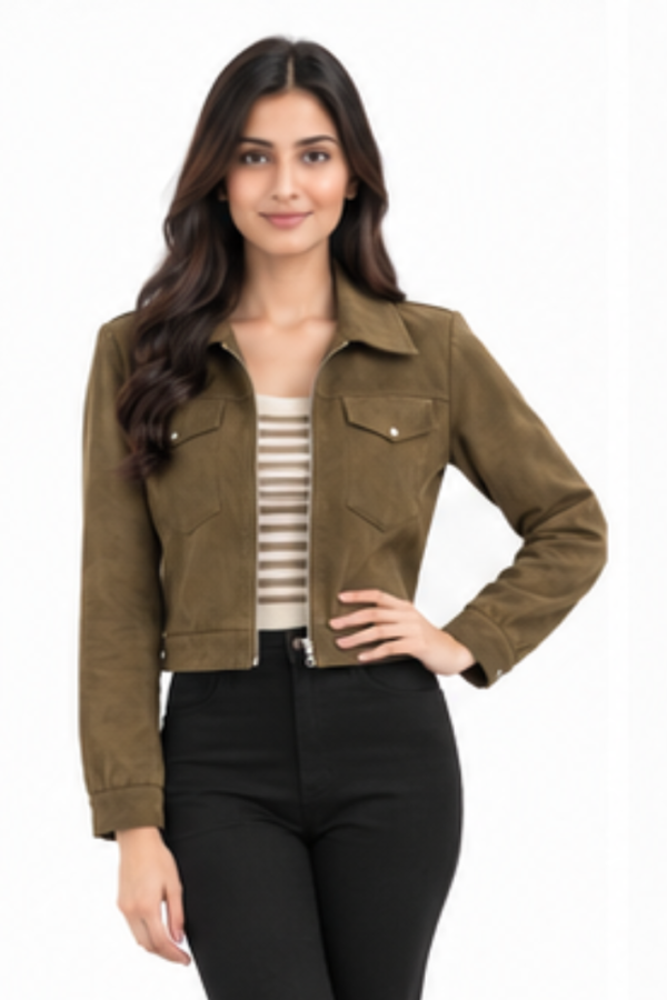 Women’s Olive Green Cropped Utility Jacket with Collared Neck & Front Pockets