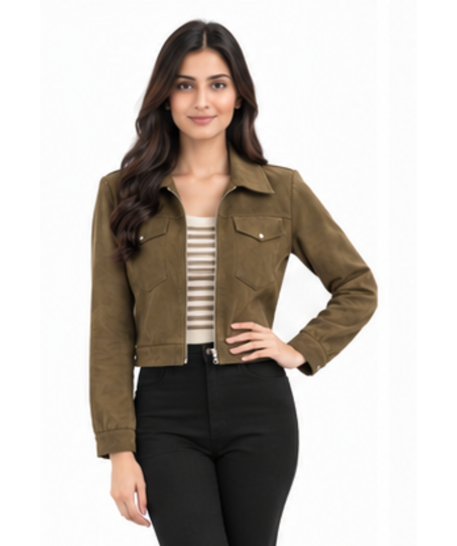 Women’s Olive Green Cropped Utility Jacket with Collared Neck & Front Pockets