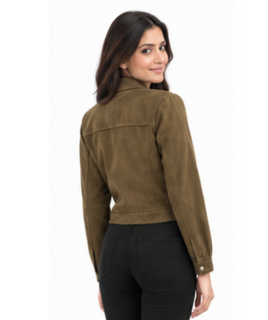 Women’s Olive Green Cropped Utility Jacket with Collared Neck & Front Pockets - Image 4
