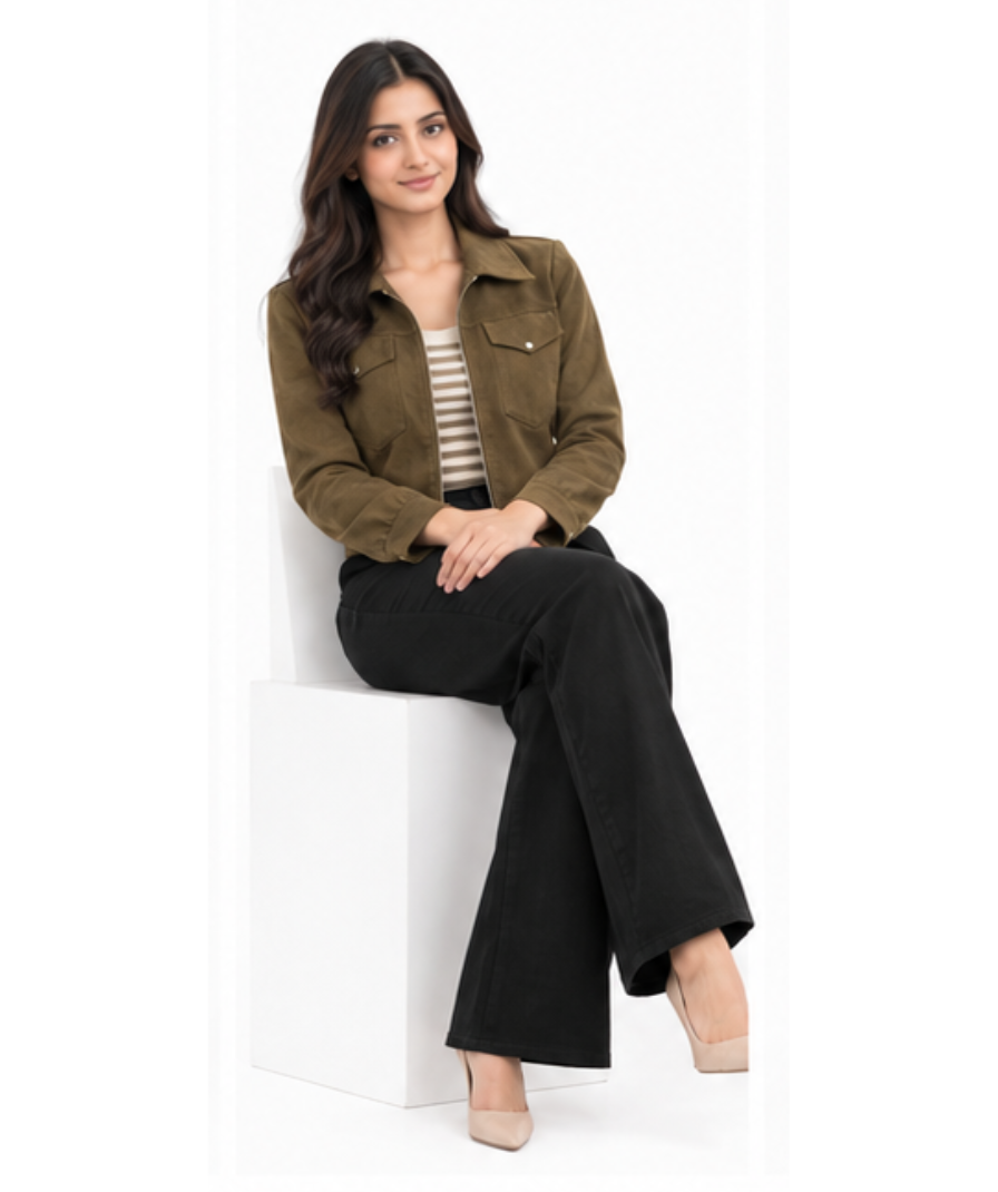 Women’s Olive Green Cropped Utility Jacket with Collared Neck & Front Pockets - Image 3