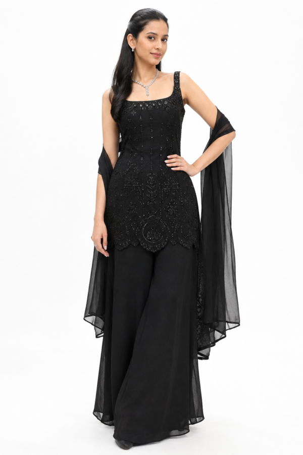 Women’s Black Embroidered Kurta, Palazzo Pants & Dupatta Set