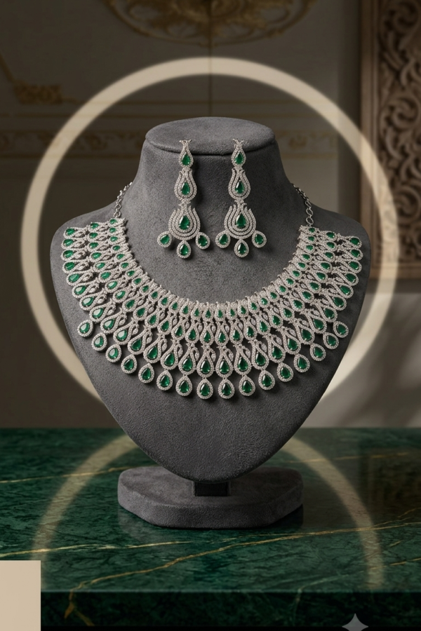 Women’s Silver-Tone Green Stone Statement Necklace & Matching Drop Earrings Set