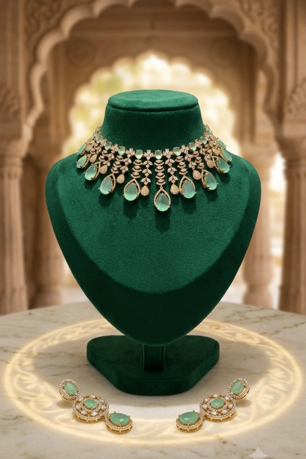 Women’s Gold-Tone Green Teardrop Stone Statement Necklace & Earrings Set