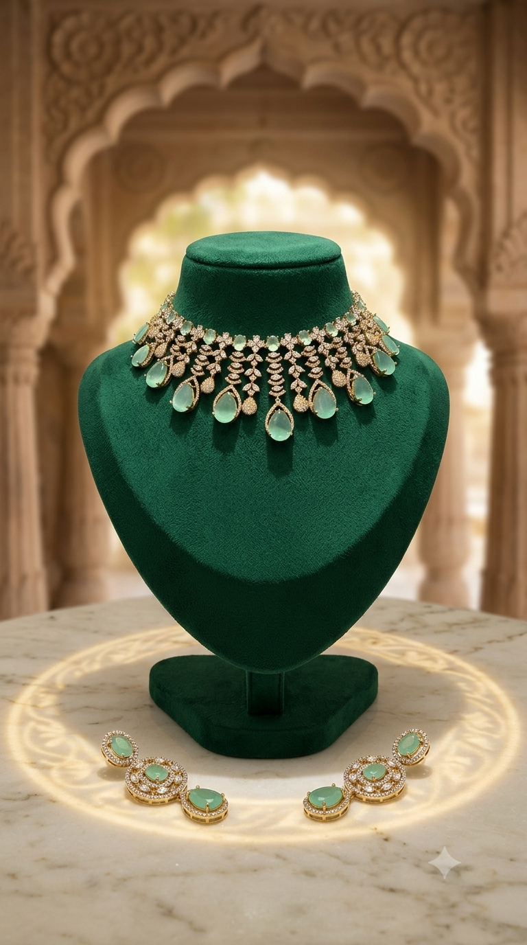 Women’s Gold-Tone Green Teardrop Stone Statement Necklace & Earrings Set