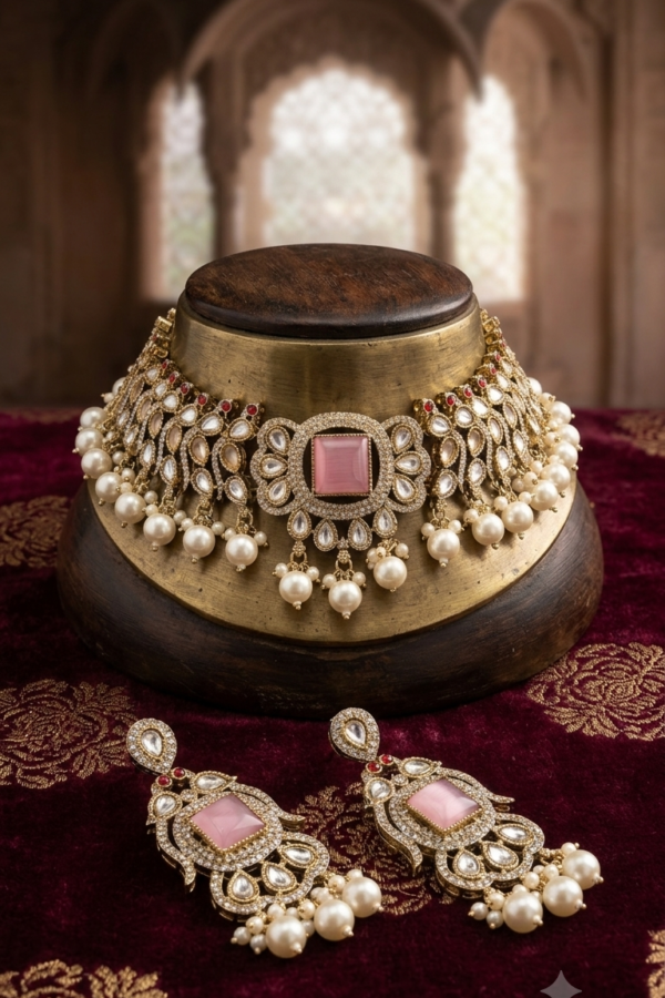 Women’s Gold-Tone Kundan-Style Choker Necklace & Matching Pearl Drop Earrings