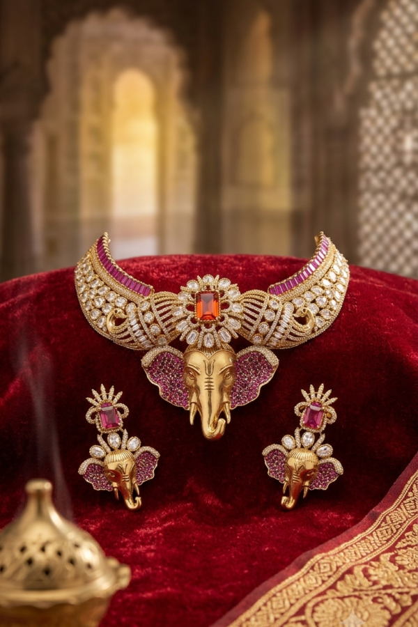 Women’s Gold-Tone Elephant Motif Necklace & Earrings Jewellery Setv