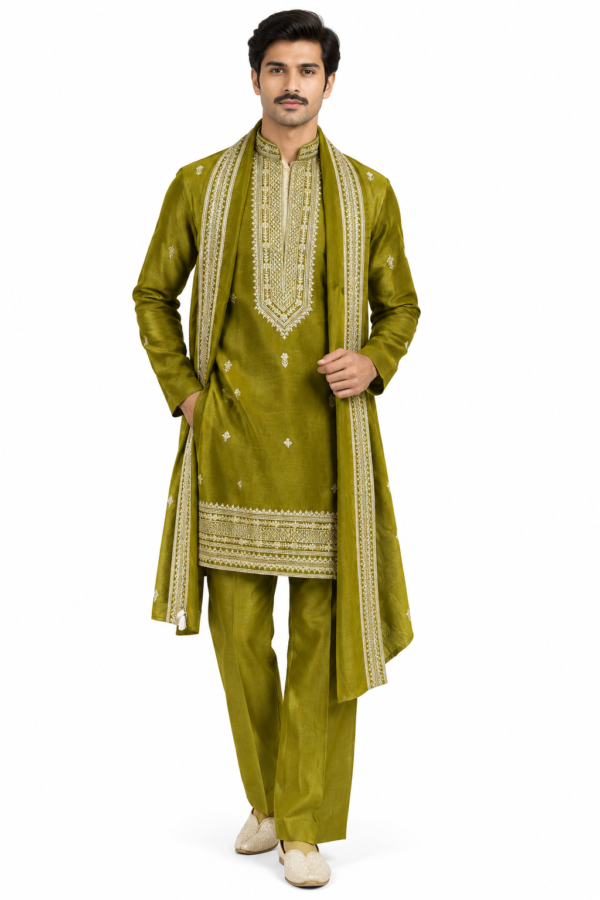 Men’s Olive Green Embroidered Kurta with Long Open Front Jacket